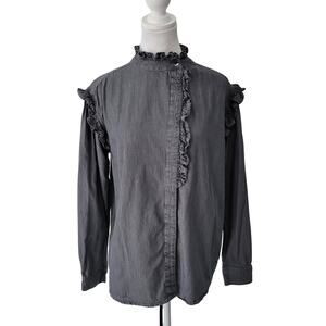 Elan Size S Ruffle Button Up Long Sleeve Blouse Gray Casual Top